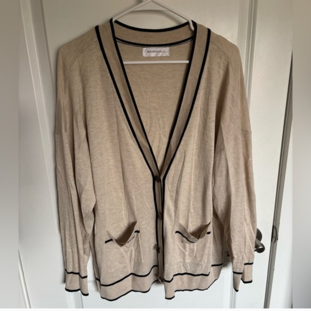 Addition Elle Beige Cardigan with Black Accents 2X